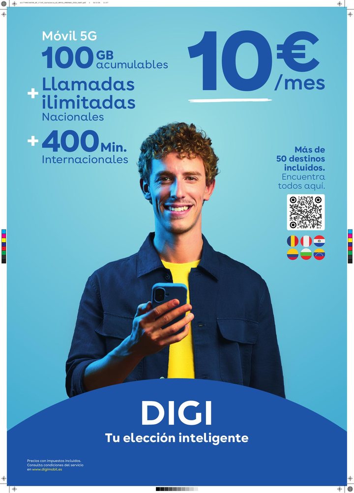 Móvil prepago DIGI con 100 GB y 400 minutos internacionales por 10 euros