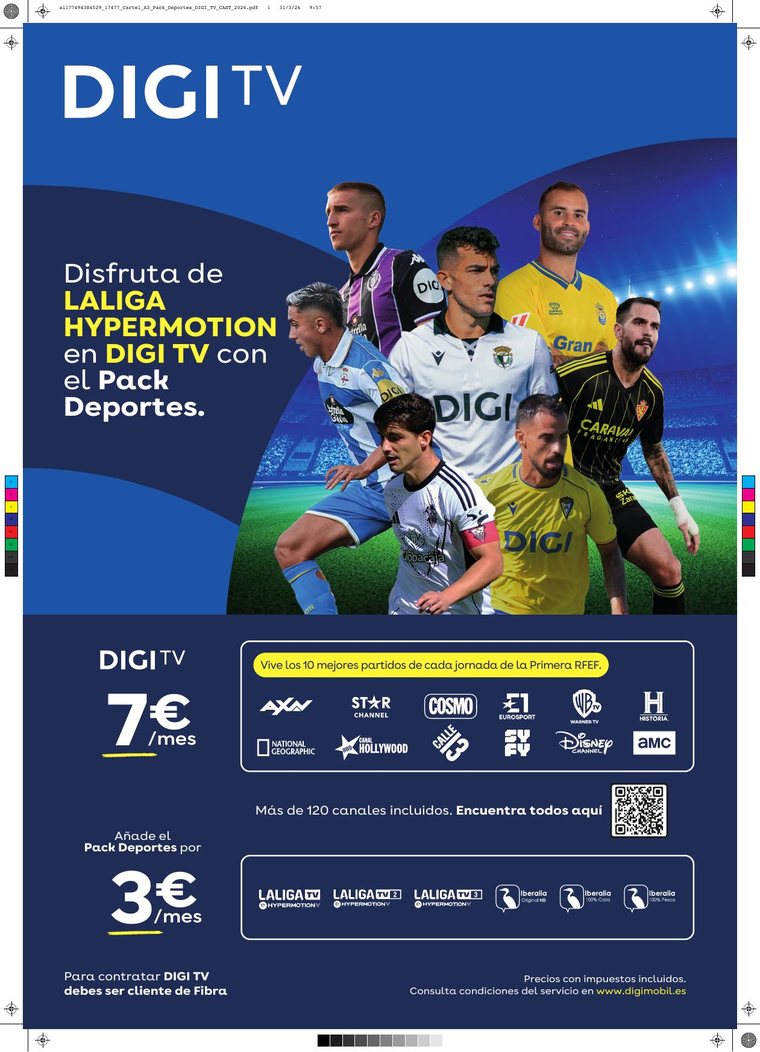 DIGI TV con Pack Deportes: LaLiga Hypermotion y 120 canales por 7 más 3 euros al mes
